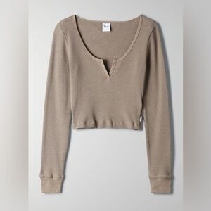 Aritzia TNA - Waffle Scoopneck Soft Knit Brown Gingham Long Sleeve Top in Size S